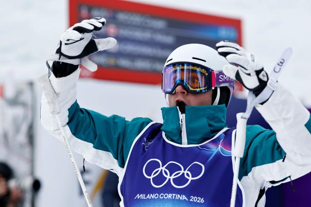 (260212) -- LIVIGNO, Feb. 12, 2026 (Xinhua) -- Cooper Woods of Australia reacts after the freestyle skiing men's moguls final at the Milan-Cortina 2026 Olympic Winter Games in Livigno, Italy, Feb. 12, 2026. (Xinhua/Wang Peng)