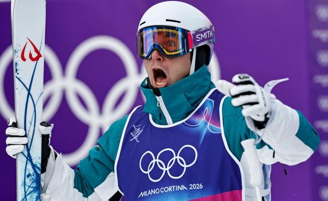 (260212) -- LIVIGNO, Feb. 12, 2026 (Xinhua) -- Cooper Woods of Australia reacts after the freestyle skiing men's moguls final at the Milan-Cortina 2026 Olympic Winter Games in Livigno, Italy, Feb. 12, 2026. (Xinhua/Wang Peng)