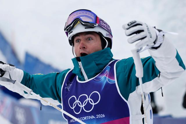 (260212) -- LIVIGNO, Feb. 12, 2026 (Xinhua) -- Cooper Woods of Australia reacts after the freestyle skiing men's moguls final at the Milan-Cortina 2026 Olympic Winter Games in Livigno, Italy, Feb. 12, 2026. (Xinhua/Wang Peng)