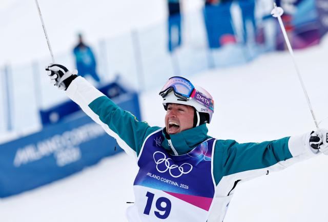 (260212) -- LIVIGNO, Feb. 12, 2026 (Xinhua) -- Cooper Woods of Australia reacts after the freestyle skiing men's moguls final at the Milan-Cortina 2026 Olympic Winter Games in Livigno, Italy, Feb. 12, 2026. (Xinhua/Wang Peng)