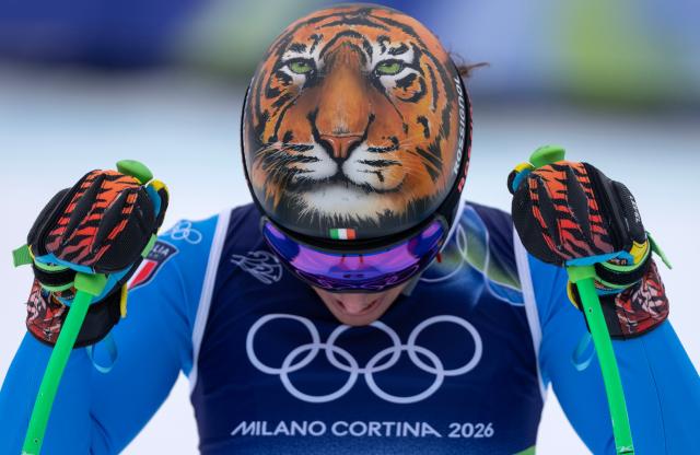(260212) -- CORTINA D'AMPEZZO, Feb. 12, 2026 (Xinhua) -- Federica Brignone of Italy reacts after the alpine skiing women's Super-G at the 2026 Milan-Cortina Winter Olympics in Cortina D'Ampezzo, Italy, Feb. 12, 2026. (Xinhua/Fei Maohua)