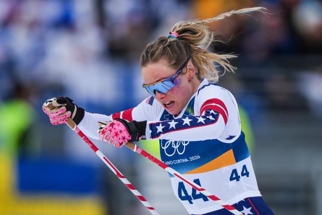 (260212) -- TESERO, Feb. 12, 2026 (Xinhua) -- Jessie Diggins of the United States competes during the Cross-Country Skiing Women's 10km Interval Start Free at the Milano Cortina 2026 Olympic Winter Games in Tesero, Italy, Feb. 12, 2026. (Xinhua/Peng Ziyang)