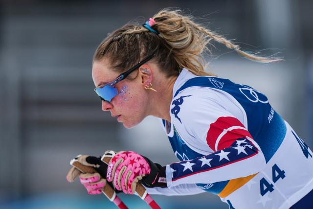 (260212) -- TESERO, Feb. 12, 2026 (Xinhua) -- Jessie Diggins of the United States competes during the Cross-Country Skiing Women's 10km Interval Start Free at the Milano Cortina 2026 Olympic Winter Games in Tesero, Italy, Feb. 12, 2026. (Xinhua/Peng Ziyang)