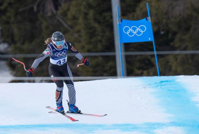 (260212) -- CORTINA D'AMPEZZO, Feb. 12, 2026 (Xinhua) -- Sarah Schleper of Mexico competes during the alpine skiing women's Super-G at the 2026 Milan-Cortina Winter Olympics in Cortina, Italy, Feb. 12, 2026. (Xinhua/Fei Maohua)