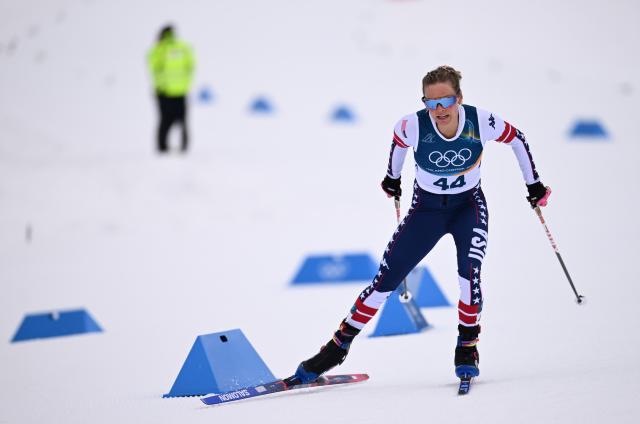 (260212) -- TESERO, Feb. 12, 2026 (Xinhua) -- Jessie Diggins of the United States competes during the cross-country skiing women's 10km interval start free match at the Milan-Cortina 2026 Olympic Winter Games in Tesero, Italy, Feb. 12, 2026. (Xinhua/He Canling)