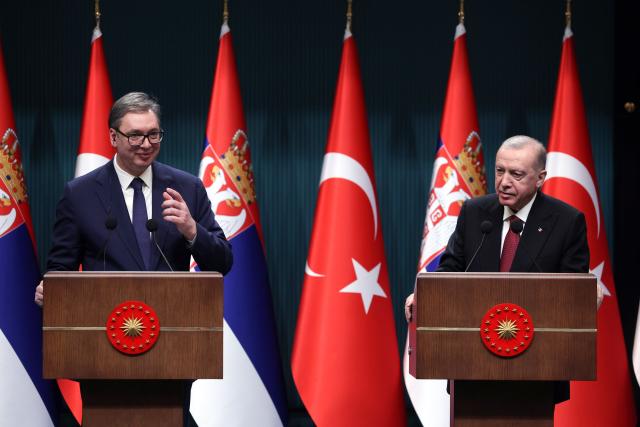 (260212) -- ANKARA, Feb. 12, 2026 (Xinhua) -- Visiting Serbian President Aleksandar Vucic (L) attends a joint press conference with Turkish President Recep Tayyip Erdogan at the Presidential Complex in Ankara, Türkiye, Feb. 12, 2026. Turkish President Recep Tayyip Erdogan and his Serbian counterpart Aleksandar Vucic on Thursday pledged to strengthen economic ties between the two countries, following talks in Ankara. (Mustafa Kaya/Handout via Xinhua)