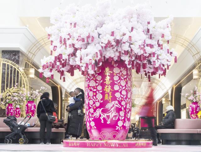 (260213) -- TORONTO, Feb. 13, 2026 (Xinhua) -- Chinese New Year art installations are seen at a shopping center in Toronto, Canada, Feb. 12, 2026.
  Major shopping centers in Toronto have recently unveiled new decorations to celebrate the upcoming Chinese New Year, which falls on Feb. 17, marking the beginning of the Year of the Horse. (Photo by Zou Zheng/Xinhua)