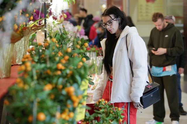 (260213) -- RICHMOND, Feb. 13, 2026 (Xinhua) -- A customer selects flowers at a Chinese New Year flower and gift fair at Aberdeen Center in Richmond, British Columbia, Canada, on Feb. 12, 2026. (Photo by Liang Sen/Xinhua)