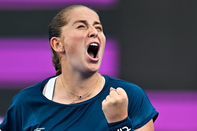 (260213) -- DOHA, Feb. 13, 2026 (Xinhua) -- Jelena Ostapenko celebrates scoring during the women's singles quarterfinal match between Jelena Ostapenko of Latvia and Elisabetta Cocciaretto of Italy at the WTA Qatar Open 2026 tennis tournament in Doha, Qatar, on Feb. 12, 2026. (Photo by Nikku/Xinhua)