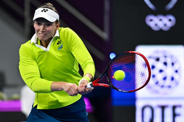 (260213) -- DOHA, Feb. 13, 2026 (Xinhua) -- Elena Rybakina hits a return during the women's singles quarterfinal match between Victoria Mboko of Canada and Elena Rybakina of Kazakhstan at the WTA Qatar Open 2026 tennis tournament in Doha, Qatar, on Feb. 12, 2026. (Photo by Nikku/Xinhua)