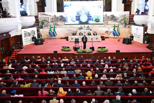 (260213) -- CAPE TOWN, Feb. 13, 2026 (Xinhua) -- South African President Cyril Ramaphosa (on the podium) delivers the State of the Nation Address at the Cape Town City Hall in Cape Town, South Africa, on Feb. 12, 2026.
  South African President Cyril Ramaphosa announced on Thursday the decision to deploy the army to help tackle organized crime, describing it as the most immediate threat faced by the country. (Photo by Xabiso Mkhabela/Xinhua)