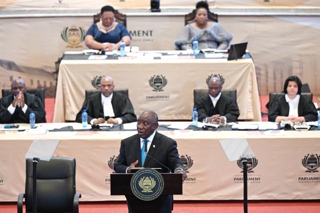 (260213) -- CAPE TOWN, Feb. 13, 2026 (Xinhua) -- South African President Cyril Ramaphosa (front) delivers the State of the Nation Address at the Cape Town City Hall in Cape Town, South Africa, on Feb. 12, 2026.
  South African President Cyril Ramaphosa announced on Thursday the decision to deploy the army to help tackle organized crime, describing it as the most immediate threat faced by the country. (Photo by Xabiso Mkhabela/Xinhua)