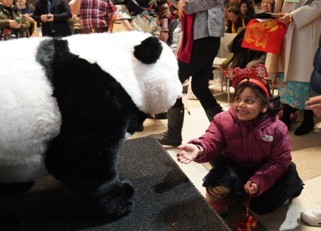 (260213) -- NEW YORK, Feb. 13, 2026 (Xinhua) -- A girl interacts with a panda robot at a Chinese New Year gala at the UN headquarters in New York, on Feb. 12, 2026. (Xinhua/Zhang Fengguo)