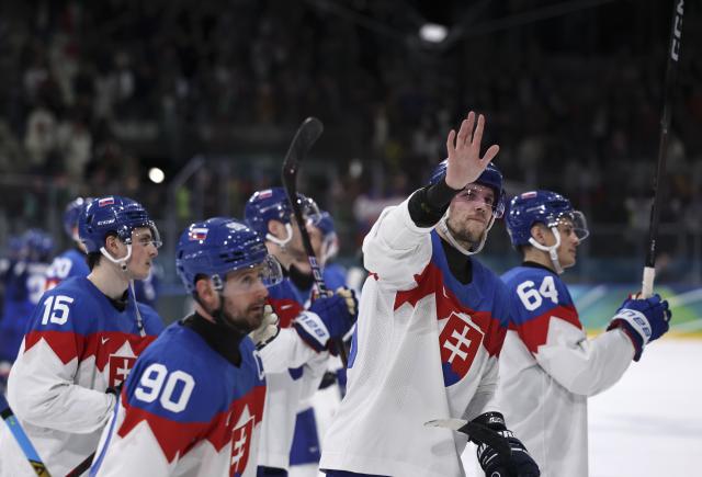 (260213) -- MILAN, Feb. 13, 2026 (Xinhua) -- Martin Gernat (2nd R) of Slovakia greets the spectators after the ice hockey men's preliminary round group B match between Italy and Slovakia at the Milan-Cortina 2026 Olympic Winter Games in Milan, Italy, Feb. 13, 2026. (Xinhua/Wang Kaiyan)