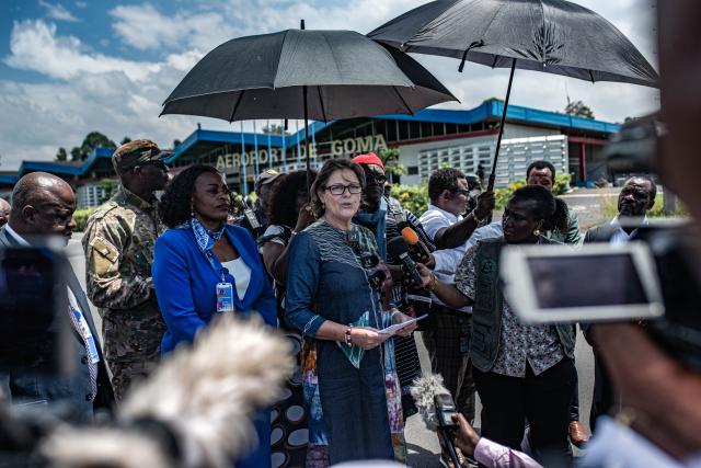 (260213) -- GOMA, Feb. 13, 2026 (Xinhua) -- Vivian van de Perre (C), acting head of the United Nations peacekeeping mission in the Democratic Republic of the Congo, known as MONUSCO, speaks to the press at Goma International Airport in Goma, eastern Democratic Republic of the Congo (DRC), Feb. 12, 2026. Van de Perre arrived in Goma on Thursday, marking a step toward implementing a joint ceasefire monitoring and verification mechanism between the Congolese government and the March 23 Movement (M23) rebels. (Str/Xinhua)