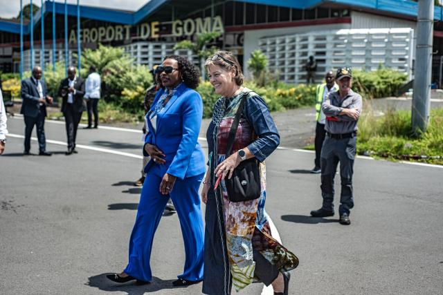 (260213) -- GOMA, Feb. 13, 2026 (Xinhua) -- Vivian van de Perre (front R), acting head of the United Nations peacekeeping mission in the Democratic Republic of the Congo, known as MONUSCO, is seen at Goma International Airport in Goma, eastern Democratic Republic of the Congo (DRC), Feb. 12, 2026. Van de Perre arrived in Goma on Thursday, marking a step toward implementing a joint ceasefire monitoring and verification mechanism between the Congolese government and the March 23 Movement (M23) rebels. (Str/Xinhua)
