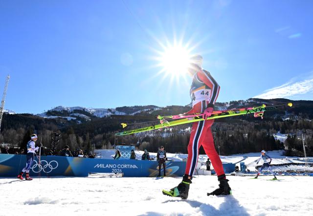 (260213) -- TESERO, Feb. 13, 2026 (Xinhua) -- Johannes Hoesflot Klaebo of Norway reacts after finishing during the Cross-Country Skiing Men's 10km Interval Start Free at the Milano Cortina 2026 Olympic Winter Games in Tesero, Italy, Feb. 13, 2026. (Xinhua/He Canling)