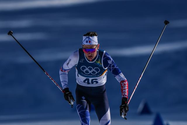 (260213) -- TESERO, Feb. 13, 2026 (Xinhua) -- Mathis Desloges of France competes during the Cross-Country Skiing Men's 10km Interval Start Free at the Milano Cortina 2026 Olympic Winter Games in Tesero, Italy, Feb. 13, 2026. (Xinhua/Peng Ziyang)
