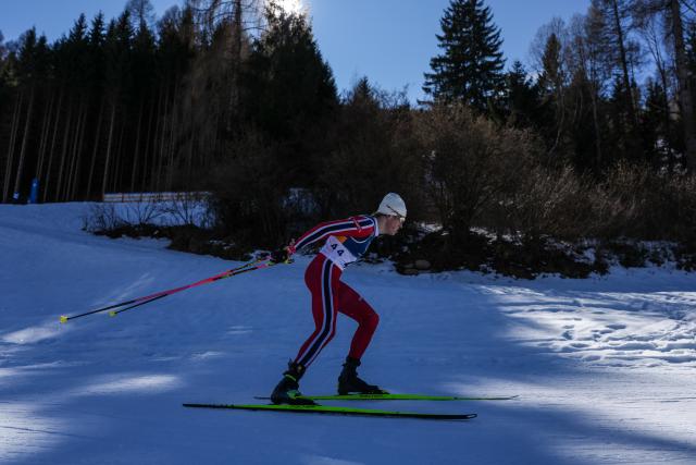 (260213) -- TESERO, Feb. 13, 2026 (Xinhua) -- Johannes Hoesflot Klaebo of Norway competes during the Cross-Country Skiing Men's 10km Interval Start Free at the Milano Cortina 2026 Olympic Winter Games in Tesero, Italy, Feb. 13, 2026. (Xinhua/Peng Ziyang)