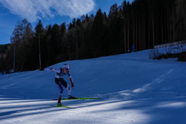 (260213) -- TESERO, Feb. 13, 2026 (Xinhua) -- Mathis Desloges of France competes during the Cross-Country Skiing Men's 10km Interval Start Free at the Milano Cortina 2026 Olympic Winter Games in Tesero, Italy, Feb. 13, 2026. (Xinhua/Peng Ziyang)