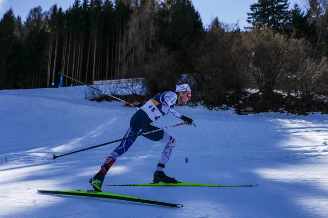 (260213) -- TESERO, Feb. 13, 2026 (Xinhua) -- Mathis Desloges of France competes during the Cross-Country Skiing Men's 10km Interval Start Free at the Milano Cortina 2026 Olympic Winter Games in Tesero, Italy, Feb. 13, 2026. (Xinhua/Peng Ziyang)
