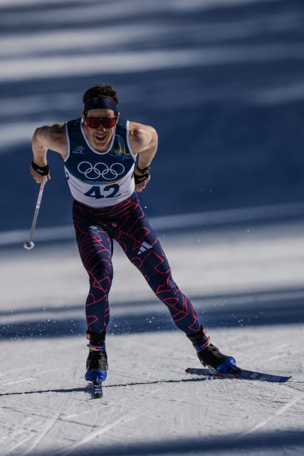 (260213) -- TESERO, Feb. 13, 2026 (Xinhua) -- Andrew Musgrave of Britain competes during the Cross-Country Skiing Men's 10km Interval Start Free at the Milano Cortina 2026 Olympic Winter Games in Tesero, Italy, Feb. 13, 2026. (Xinhua/Peng Ziyang)