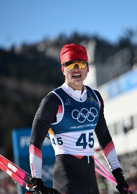 (260213) -- TESERO, Feb. 13, 2026 (Xinhua) -- Li Minglin of China reacts after the Cross-Country Skiing Men's 10km Interval Start Free at the Milano Cortina 2026 Olympic Winter Games in Tesero, Italy, Feb. 13, 2026. (Xinhua/He Canling)