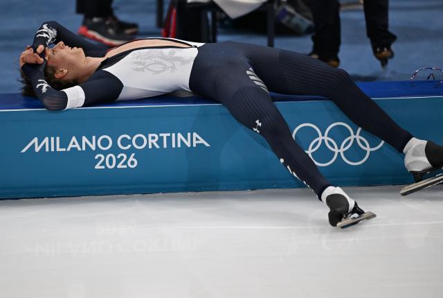 (260213) -- MILAN, Feb. 13, 2026 (Xinhua) -- Metodej Jilek of the Czech Republic reacts after the speed skating men's 10000m event at the Milan-Cortina 2026 Olympic Winter Games in Milan, Italy, Feb. 13, 2026. (Xinhua/Wu Wei)