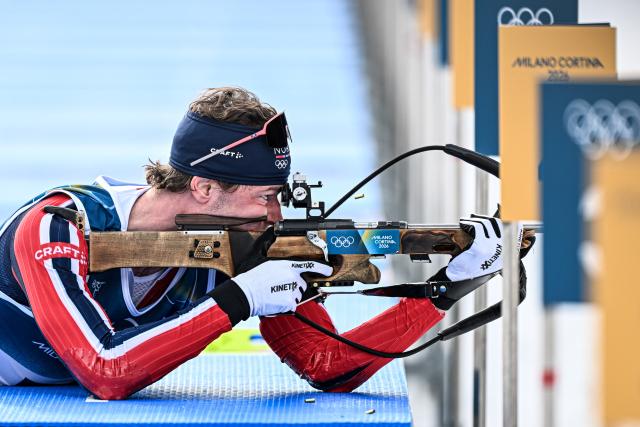 (260213) -- ANTERSELVA, Feb. 13, 2026 (Xinhua) -- Sturla Holm Laegreid of Norway competes during the biathlon men's 10km sprint event at the Milan-Cortina 2026 Olympic Winter Games in Anterselva, Italy, Feb. 13, 2026. (Xinhua/Jiang Han)