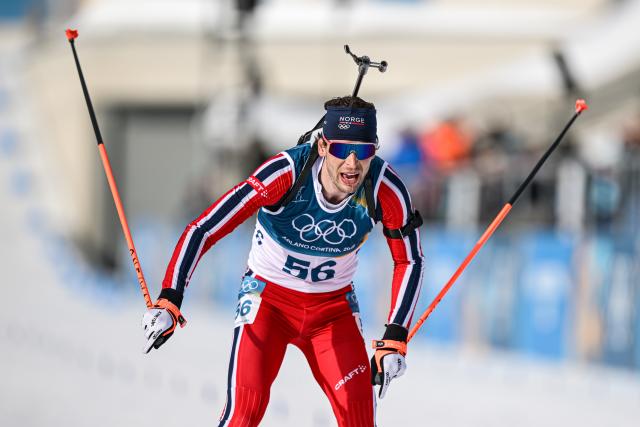 (260213) -- ANTERSELVA, Feb. 13, 2026 (Xinhua) -- Sturla Holm Laegreid of Norway competes during the biathlon men's 10km sprint event at the Milan-Cortina 2026 Olympic Winter Games in Anterselva, Italy, Feb. 13, 2026. (Xinhua/Jiang Han)