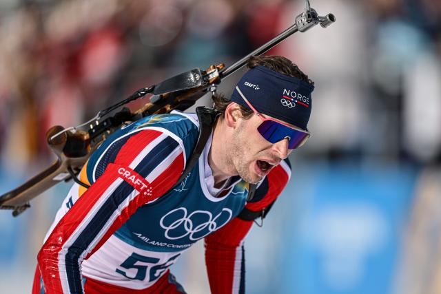 (260213) -- ANTERSELVA, Feb. 13, 2026 (Xinhua) -- Sturla Holm Laegreid of Norway competes during the biathlon men's 10km sprint event at the Milan-Cortina 2026 Olympic Winter Games in Anterselva, Italy, Feb. 13, 2026. (Xinhua/Jiang Han)