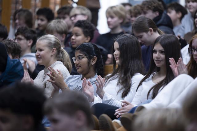 (260213) -- HELSINKI, Feb. 13, 2026 (Xinhua) -- Students watch a performance during a "Happy Chinese New Year" campus event at Kulosaari Secondary School in Helsinki, Finland, Feb. 13, 2026. A lively "Happy Chinese New Year" campus event was held at Kulosaari Secondary School in Helsinki on Friday. (Photo by Matti Matikainen/Xinhua)
