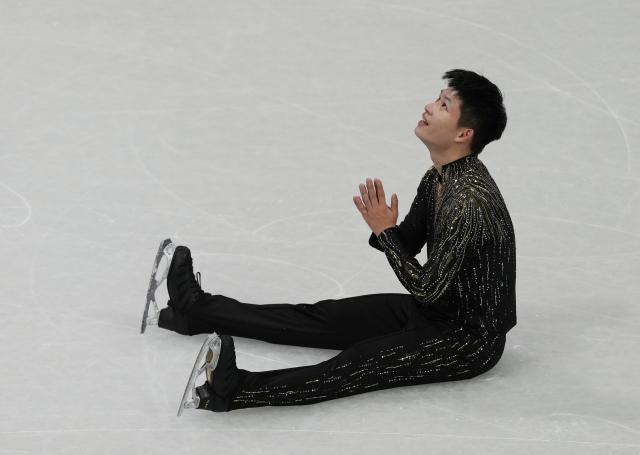 (260213) -- MILAN, Feb. 13, 2026 (Xinhua) -- Li Yu-Hsiang of Chinese Taipei reacts after the free skating of the men single skating match for figure skating event at the Milan-Cortina 2026 Olympic Winter Games in Milan, Italy, Feb. 13, 2026. (Xinhua/Xue Yuge)