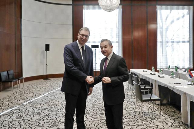 (260213) -- MUNICH, Feb. 13, 2026 (Xinhua) -- Serbian President Aleksandar Vucic meets with Chinese Foreign Minister Wang Yi, also a member of the Political Bureau of the Communist Party of China Central Committee, on the sidelines of the Munich Security Conference in Munich, Germany, Feb. 13, 2026. (Xinhua/Du Zheyu)