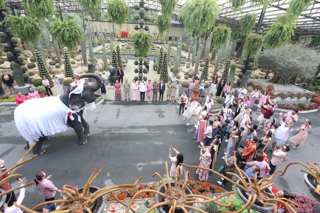 (260214) -- PATTAYA, Feb. 14, 2026 (Xinhua) -- An elephant interacts with people during a mass wedding ceremony at Nong Nooch Tropical Garden in Pattaya, Thailand, Feb. 14, 2026. (Xinhua/Rachen Sageamsak)