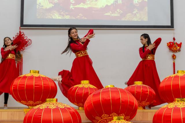 (260214) -- BAKU, Feb. 14, 2026 (Xinhua) -- Azerbaijani students perform during an event to celebrate the upcoming Chinese New Year at the Confucius Institute in Azerbaijan University of Languages in Baku, Azerbaijan, Feb. 13, 2026. (Xinhua/Chen Junfeng)