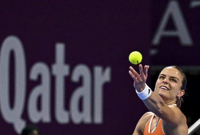 (260214) -- DOHA, Feb. 14, 2026 (Xinhua) -- Maria Sakkari of Greece serves during the women's singles semi-final match between Karolina Muchova of the Czech Republic and Maria Sakkari of Greece at the WTA Qatar Open 2026 tennis tournament in Doha, Qatar, on Feb. 13, 2026. (Photo by Nikku/Xinhua)