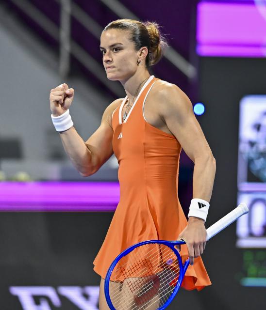 (260214) -- DOHA, Feb. 14, 2026 (Xinhua) -- Maria Sakkari of Greece celebrates scoring during the women's singles semi-final match between Karolina Muchova of the Czech Republic and Maria Sakkari of Greece at the WTA Qatar Open 2026 tennis tournament in Doha, Qatar, on Feb. 13, 2026. (Photo by Nikku/Xinhua)