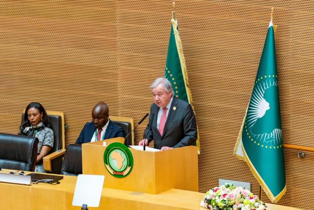 (260214) -- ADDIS ABABA, Feb. 14, 2026 (Xinhua) -- United Nations (UN) Secretary-General Antonio Guterres (1st R) addresses the opening ceremony of the 39th Ordinary Session of the Assembly of Heads of State and Government of the African Union (AU) in Addis Ababa, Ethiopia, Feb. 14, 2026. The two-day summit, which brings together leaders from AU members, was launched under the AU's 2026 theme: "Assuring Sustainable Water Availability and Safe Sanitation Systems to Achieve the Goals of Agenda 2063." (Xinhua/Xie Jianfei)
