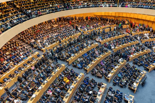 (260214) -- ADDIS ABABA, Feb. 14, 2026 (Xinhua) -- This photo taken on Feb. 14, 2026 shows a scene at the 39th Ordinary Session of the Assembly of Heads of State and Government of the African Union (AU) in Addis Ababa, Ethiopia. The two-day summit, which brings together leaders from AU members, was launched under the AU's 2026 theme: "Assuring Sustainable Water Availability and Safe Sanitation Systems to Achieve the Goals of Agenda 2063." (Xinhua/Xie Jianfei)