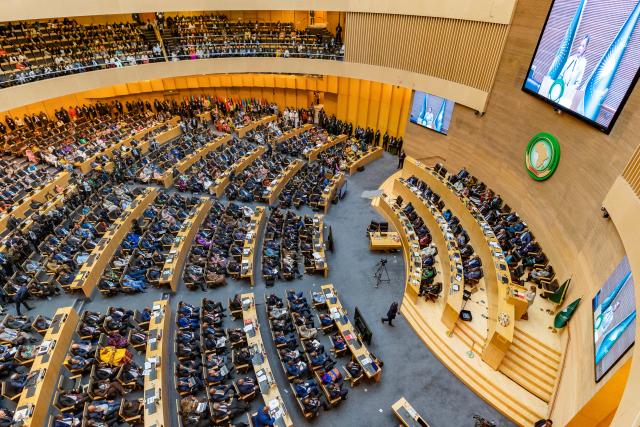 (260214) -- ADDIS ABABA, Feb. 14, 2026 (Xinhua) -- This photo taken on Feb. 14, 2026 shows a scene at the 39th Ordinary Session of the Assembly of Heads of State and Government of the African Union (AU) in Addis Ababa, Ethiopia. The two-day summit, which brings together leaders from AU members, was launched under the AU's 2026 theme: "Assuring Sustainable Water Availability and Safe Sanitation Systems to Achieve the Goals of Agenda 2063." (Xinhua/Xie Jianfei)
