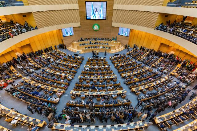 (260214) -- ADDIS ABABA, Feb. 14, 2026 (Xinhua) -- This photo taken on Feb. 14, 2026 shows a scene at the 39th Ordinary Session of the Assembly of Heads of State and Government of the African Union (AU) in Addis Ababa, Ethiopia. The two-day summit, which brings together leaders from AU members, was launched under the AU's 2026 theme: "Assuring Sustainable Water Availability and Safe Sanitation Systems to Achieve the Goals of Agenda 2063." (Xinhua/Xie Jianfei)