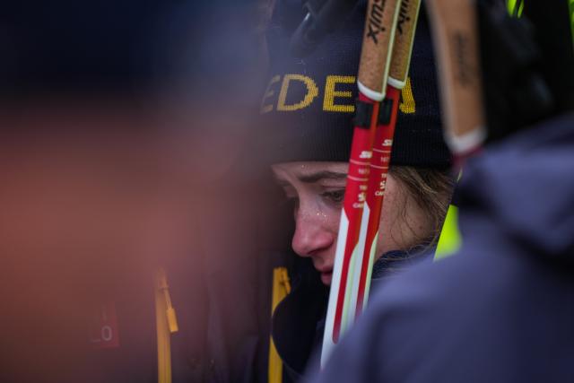 (260214) -- TESERO, Feb. 14, 2026 (Xinhua) -- Ebba Andersson of Sweden reacts after the cross-country skiing women's 4x7.5km relay match at the Milan-Cortina 2026 Olympic Winter Games in Tesero, Italy, Feb. 14, 2026. (Xinhua/Peng Ziyang)