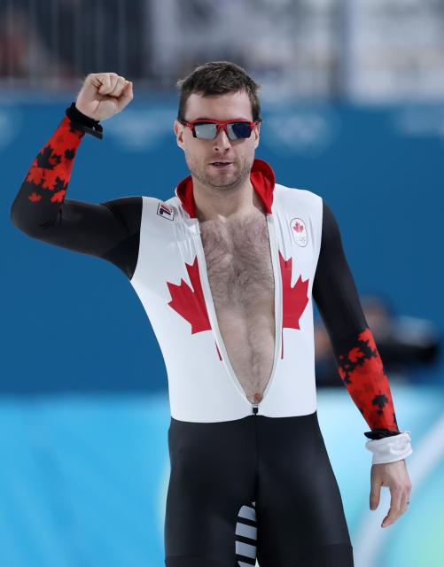 (260214) -- MILAN, Feb. 14, 2026 (Xinhua) -- Laurent Dubreuil of Canada reacts after the speed skating men's 500m final at the Milan-Cortina 2026 Olympic Winter Games in Milan, Italy, Feb. 14, 2026. (Xinhua/Du Xiaoyi)