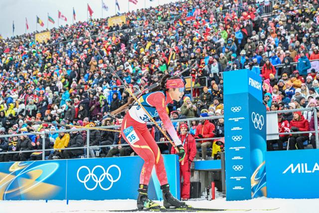 (260214) -- ANTERSELVA, Feb. 14, 2026 (Xinhua) -- Chu Yuanmeng of China competes during the biathlon women's 7.5km sprint event at the Milan-Cortina 2026 Olympic Winter Games in Anterselva, Italy, Feb. 14, 2026. (Xinhua/Jiang Han)