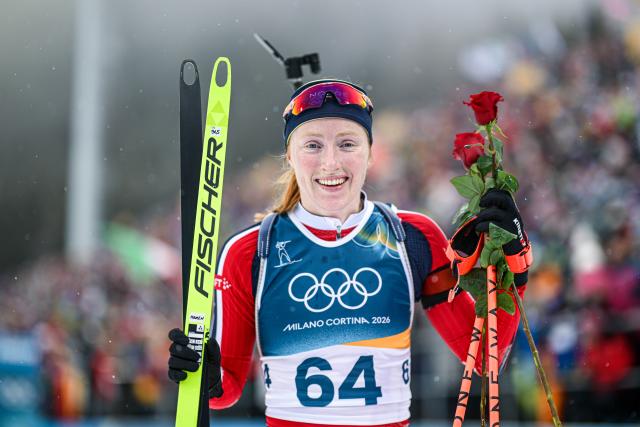 (260214) -- ANTERSELVA, Feb. 14, 2026 (Xinhua) -- Maren Kirkeeide of Norway celebrates after the biathlon women's 7.5km sprint event at the Milan-Cortina 2026 Olympic Winter Games in Anterselva, Italy, Feb. 14, 2026. (Xinhua/Jiang Han)