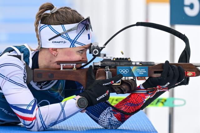 (260214) -- ANTERSELVA, Feb. 14, 2026 (Xinhua) -- Oceane Michelon of France competes during the biathlon women's 7.5km sprint event at the Milan-Cortina 2026 Olympic Winter Games in Anterselva, Italy, Feb. 14, 2026. (Xinhua/Jiang Han)