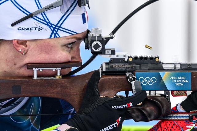 (260214) -- ANTERSELVA, Feb. 14, 2026 (Xinhua) -- Oceane Michelon of France competes during the biathlon women's 7.5km sprint event at the Milan-Cortina 2026 Olympic Winter Games in Anterselva, Italy, Feb. 14, 2026. (Xinhua/Jiang Han)