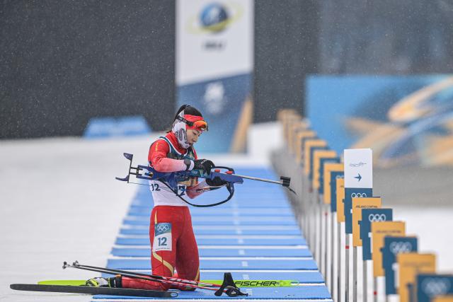 (260214) -- ANTERSELVA, Feb. 14, 2026 (Xinhua) -- Meng Fanqi of China competes during the biathlon women's 7.5km sprint event at the Milan-Cortina 2026 Olympic Winter Games in Anterselva, Italy, Feb. 14, 2026. (Xinhua/Jiang Han)