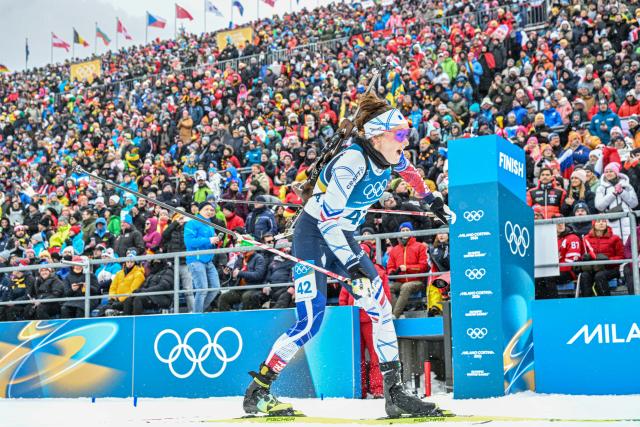 (260214) -- ANTERSELVA, Feb. 14, 2026 (Xinhua) -- Lou Jeanmonnot of France competes during the biathlon women's 7.5km sprint event at the Milan-Cortina 2026 Olympic Winter Games in Anterselva, Italy, Feb. 14, 2026. (Xinhua/Jiang Han)